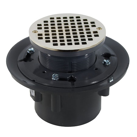Jones Stephens 3in.x 4in. PVC Heavy Duty Drain Base with 3-1/2in. Plastic Spud and 5in. Nickel Bronze Strainer D49129